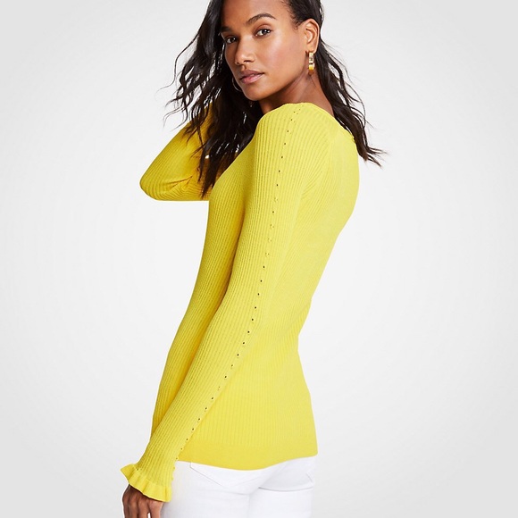 Ann Taylor Yellow Ribbed Ruffle Cuff Top Blouse - Picture 2 of 3